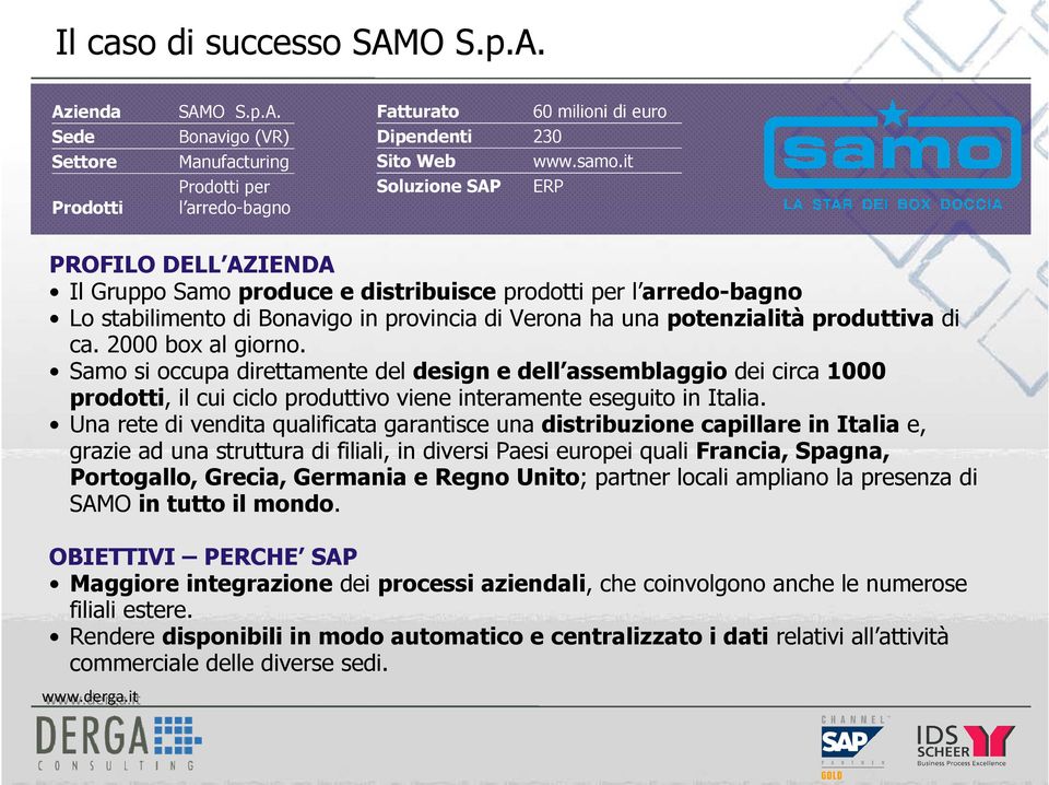 una potenzialità produttiva di ca. 2000 box al giorno. Samo si occupa direttamente del design e dell assemblaggio dei circa 1000 prodotti, il cui ciclo produttivo viene interamente eseguito in Italia.