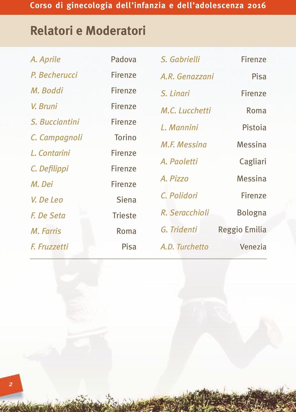 Fruzzetti Pisa S. Gabrielli Firenze A.R. Genazzani Pisa S. Linari Firenze M.C. Lucchetti Roma L. Mannini Pistoia M.F. Messina Messina A.