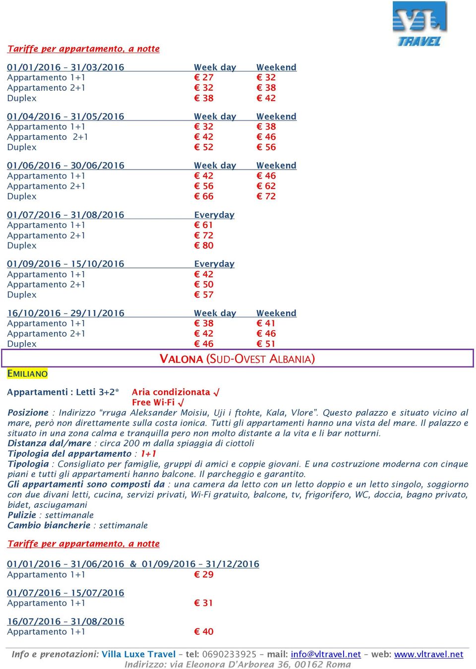 15/10/2016 Everyday Appartamento 1+1 42 Appartamento 2+1 50 Duplex 57 16/10/2016 29/11/2016 Week day Weekend Appartamento 1+1 38 41 Appartamento 2+1 42 46 Duplex 46 51 EMILIANO VALONA (SUD-OVEST