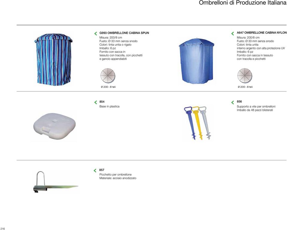 tessuto con tracolla e picchetti Ø 134-6 teli Ø 150-8 teli Ø 180-8 teli Ø 200-10 teli Ø 240-6 teli Ø 240-10 teli Ø 270 Ø 134-16 - 6 teli teli Ø 150x150-8 teli - 4 teli Ø 180220x120-8