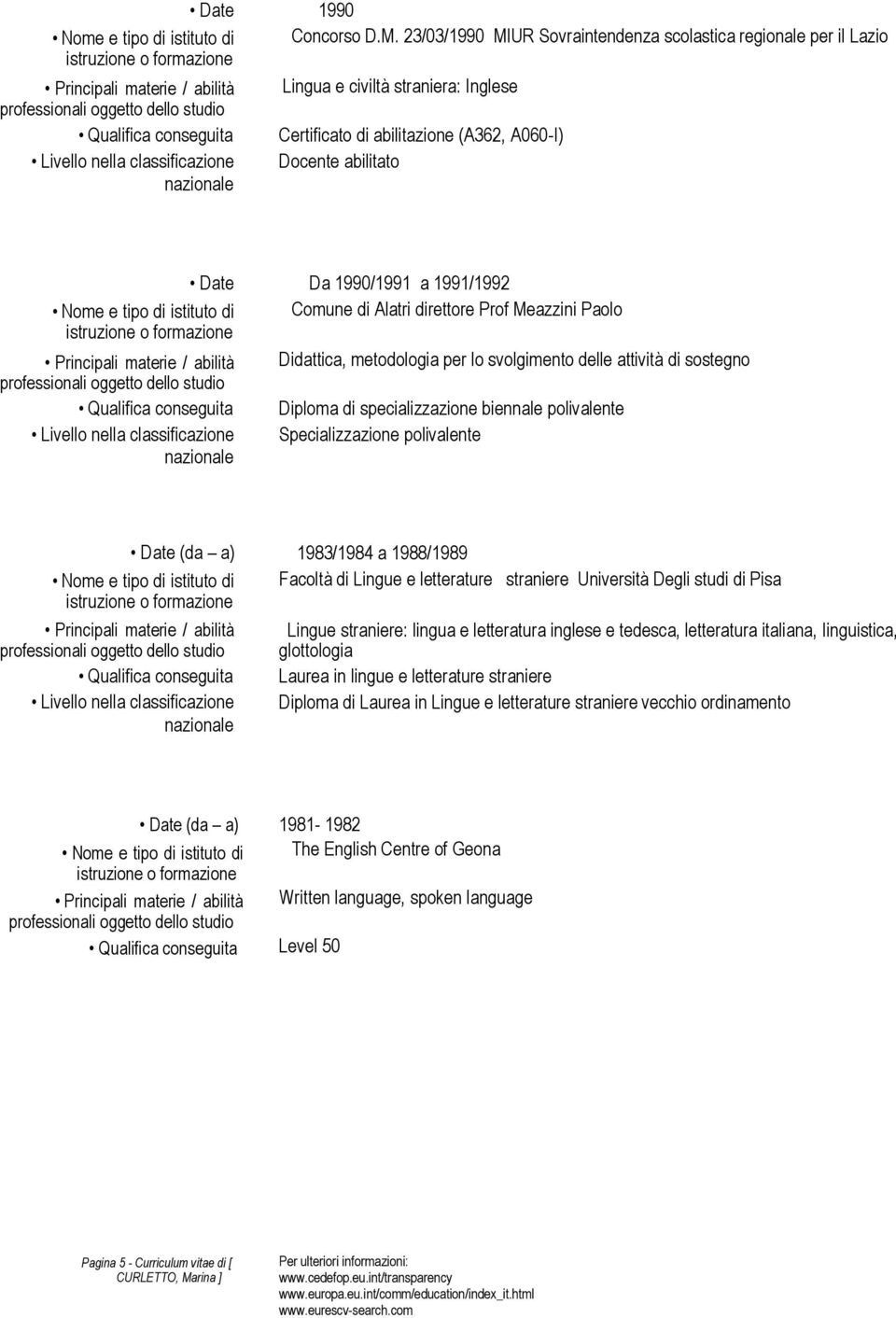 nazionale Da 1990/1991 a 1991/1992 Comune di Alatri direttore Prof Meazzini Paolo Didattica, metodologia per lo svolgimento delle attività di sostegno Diploma di specializzazione biennale polivalente