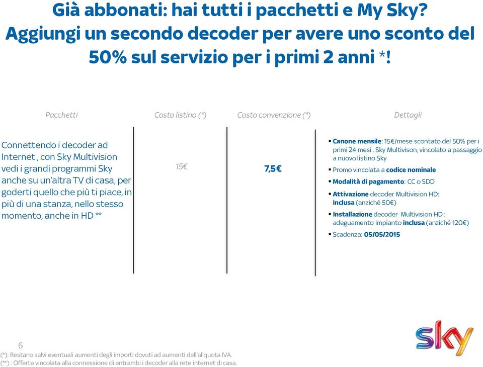 ti piace, in più di una stanza, nello stesso momento, anche in HD ** 15 7,5 Canone mensile: 15 /mese scontato del 50% per i primi 24 mesi.