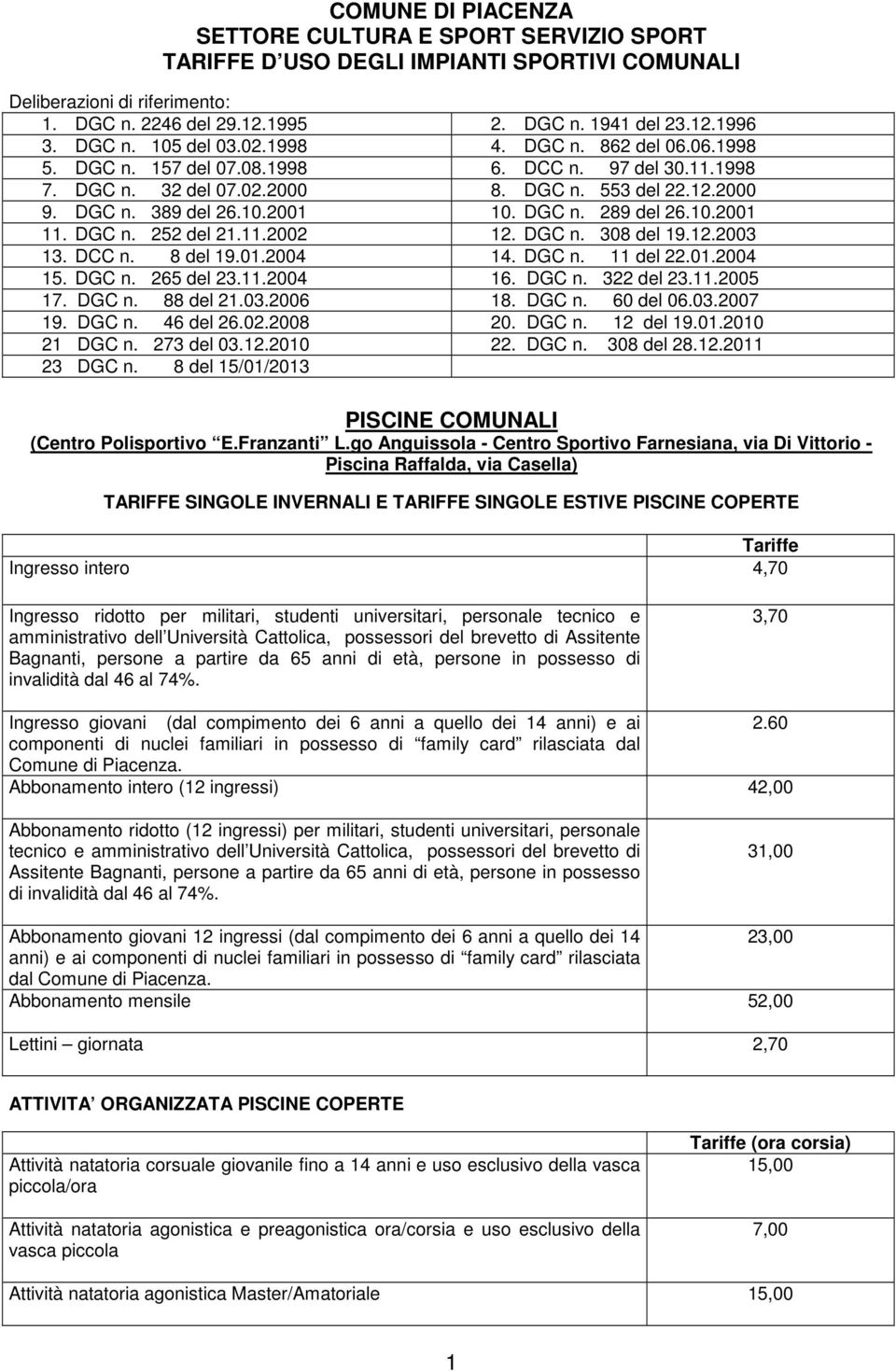 DGC n. 289 del 26.10.2001 11. DGC n. 252 del 21.11.2002 12. DGC n. 308 del 19.12.2003 13. DCC n. 8 del 19.01.2004 14. DGC n. 11 del 22.01.2004 15. DGC n. 265 del 23.11.2004 16. DGC n. 322 del 23.11.2005 17.