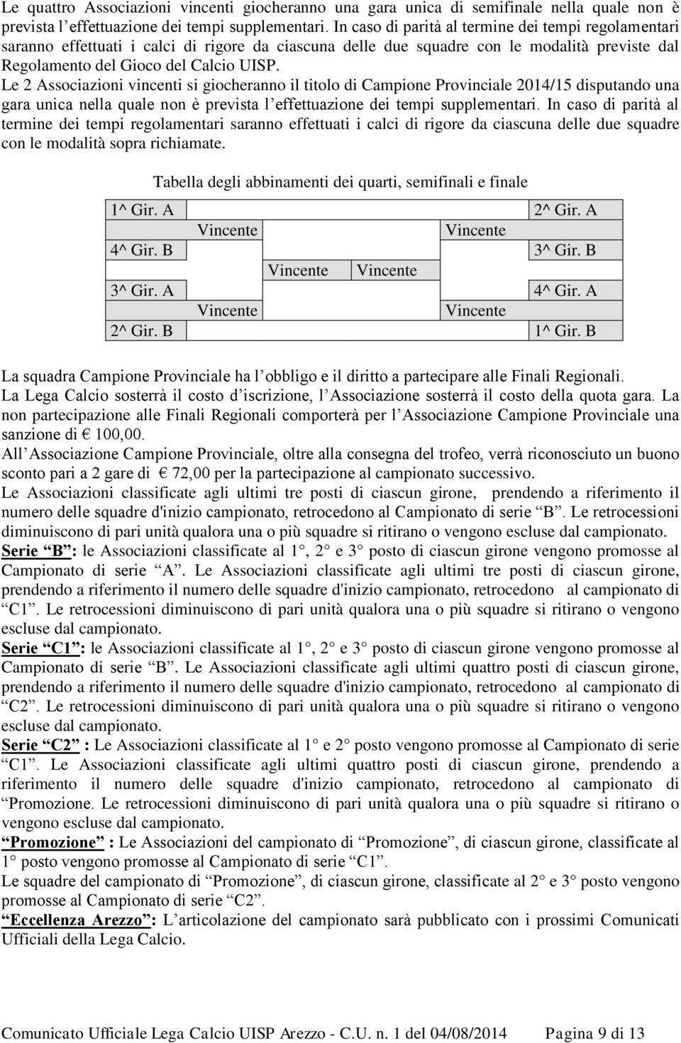 Le 2 Associazioni vincenti si giocheranno il titolo di Campione Provinciale 2014/15 disputando una gara unica nella quale non è prevista l effettuazione dei tempi supplementari.