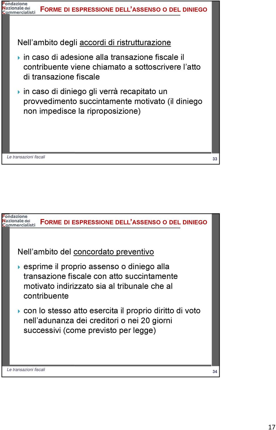 FORME DI ESPRESSIONE DELL ASSENSO O DEL DINIEGO Nell ambito del concordato preventivo esprime il proprio assenso o diniego alla transazione fiscale con atto succintamente motivato