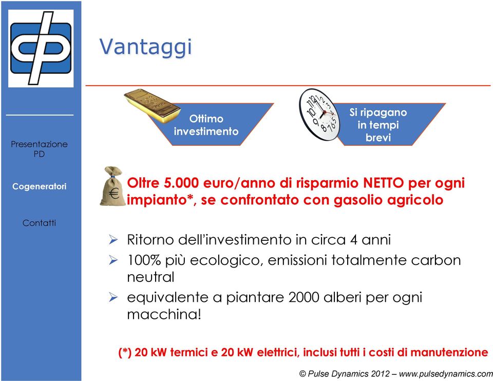 Ritorno dell investimento in circa 4 anni Ø 100% più ecologico, emissioni totalmente carbon