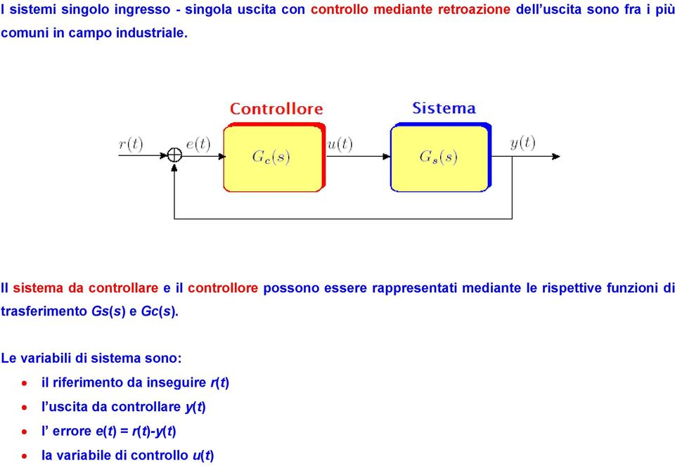 Il sistema da controllare e il controllore possono essere rappresentati mediante le rispettive funzioni