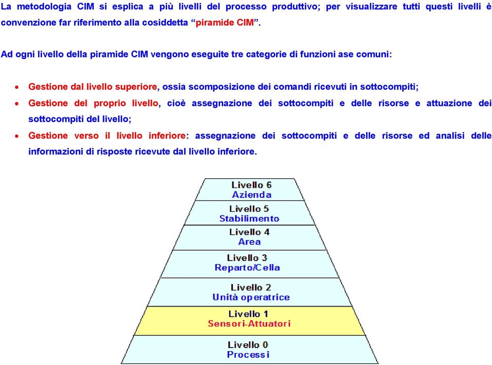 Ad ogni livello della piramide CIM vengono eseguite tre categorie di funzioni ase comuni: Gestione dal livello superiore, ossia scomposizione dei comandi