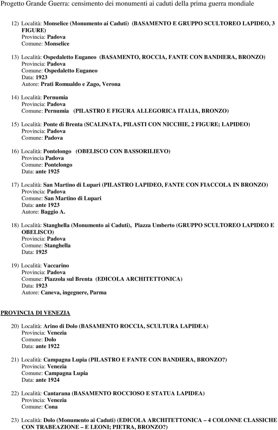 (SCALINATA, PILASTI CON NICCHIE, 2 FIGURE; Comune: Padova 16) Località: Pontelongo (OBELISCO CON BASSORILIEVO) Provincia Padova Comune: Pontelongo Data: ante 1925 17) Località: San Martino di Lupari