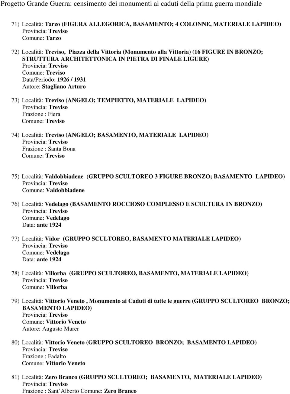 Località: Treviso (ANGELO; BASAMENTO, MATERIALE Frazione : Santa Bona Comune: Treviso 75) Località: Valdobbiadene (GRUPPO SCULTOREO 3 FIGURE BRONZO; BASAMENTO Comune: Valdobbiadene 76) Località: