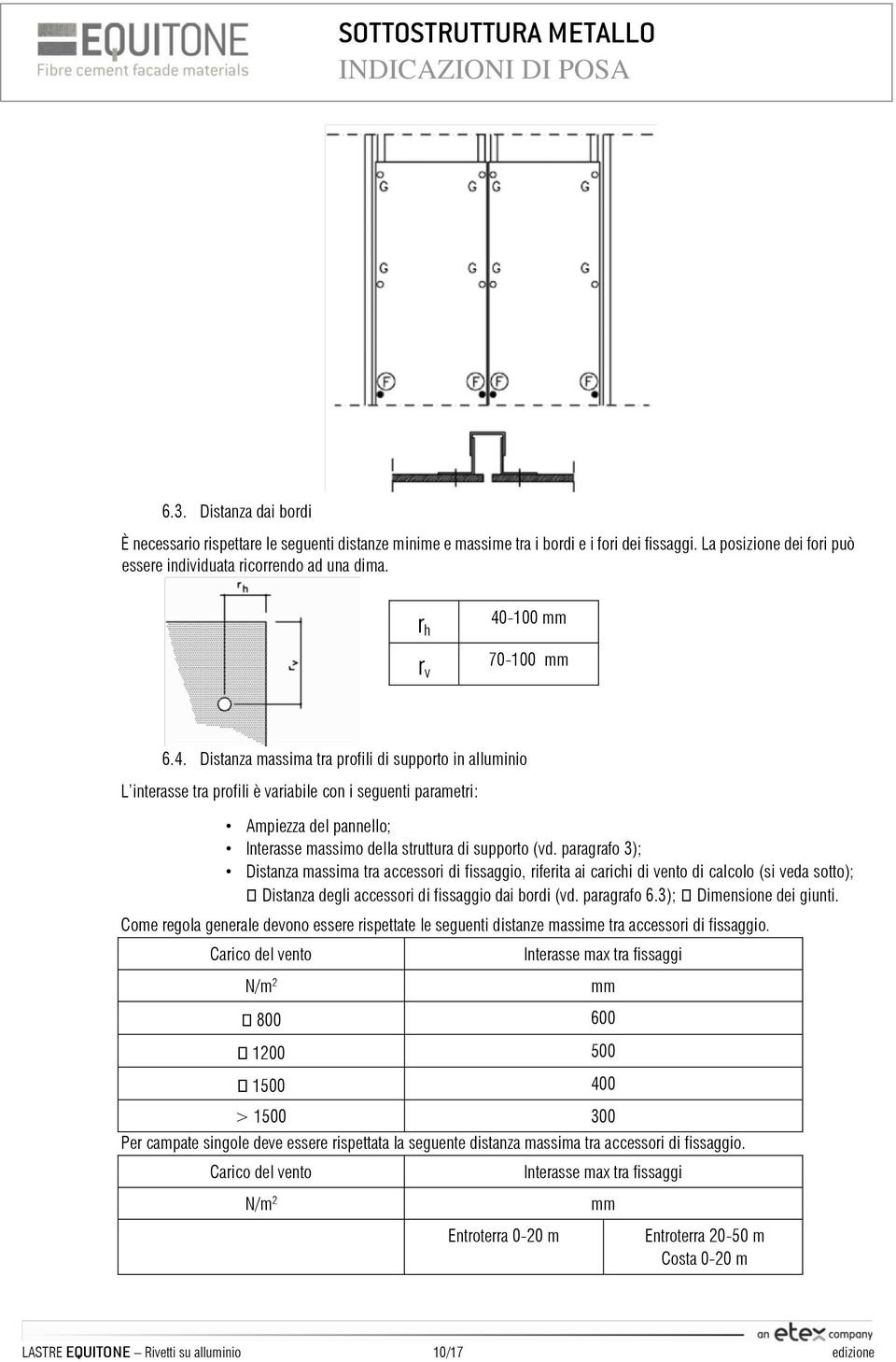 paragrafo 3); Distanza massima tra accessori di fissaggio, riferita ai carichi di vento di calcolo (si veda sotto); Distanza degli accessori di fissaggio dai bordi (vd. paragrafo 6.