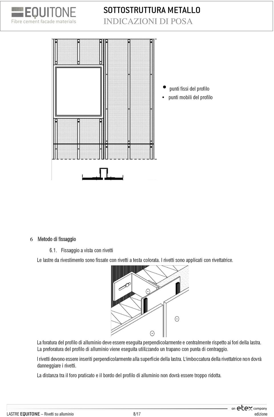 La preforatura del profilo di alluminio viene eseguita utilizzando un trapano con punta di centraggio. I rivetti devono essere inseriti perpendicolarmente alla superficie della lastra.