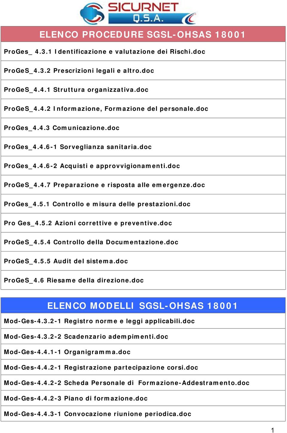 1 Controllo e misura delle prestazioni.doc Pro Ges_4.5.2 Azioni correttive e preventive.doc ProGeS_4.5.4 Controllo della Documentazione.doc ProGeS_4.5.5 Audit del sistema.doc ProGeS_4.6 Riesame della direzione.