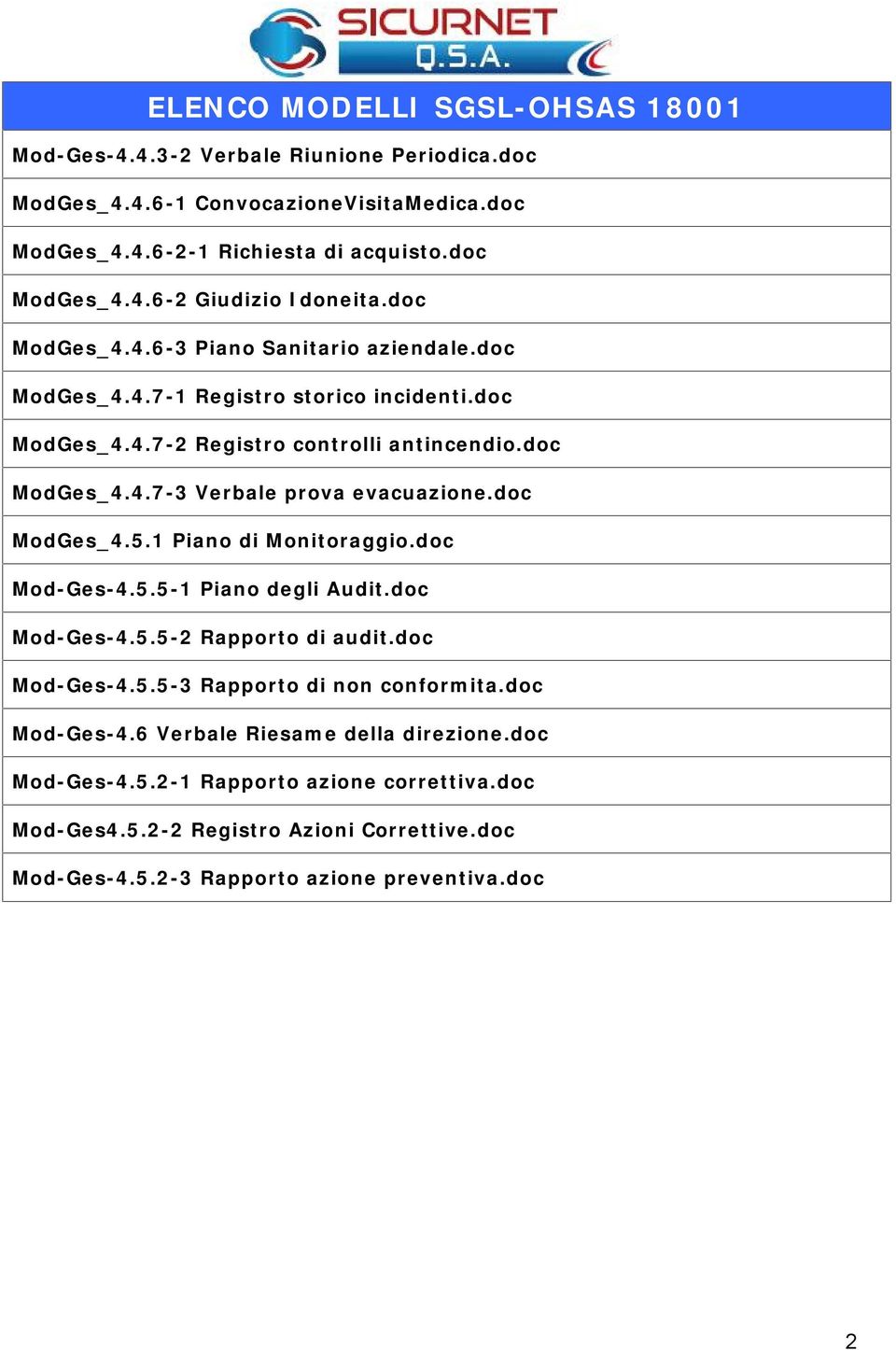 doc ModGes_4.5.1 Piano di Monitoraggio.doc Mod-Ges-4.5.5-1 Piano degli Audit.doc Mod-Ges-4.5.5-2 Rapporto di audit.doc Mod-Ges-4.5.5-3 Rapporto di non conformita.doc Mod-Ges-4.6 Verbale Riesame della direzione.