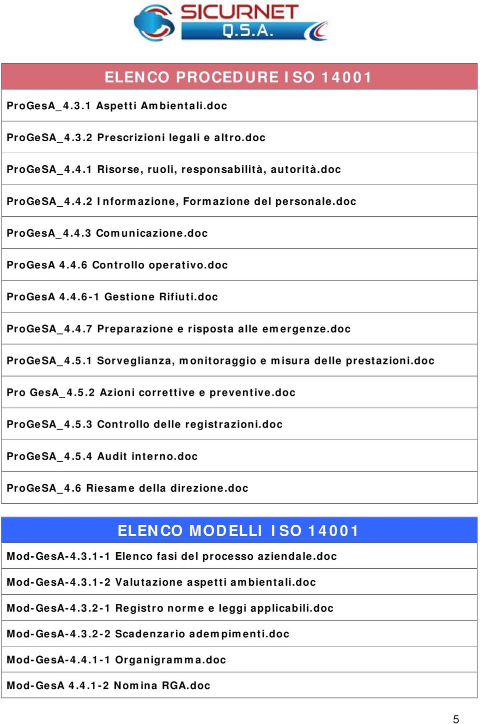 1 Sorveglianza, monitoraggio e misura delle prestazioni.doc Pro GesA_4.5.2 Azioni correttive e preventive.doc ProGeSA_4.5.3 Controllo delle registrazioni.doc ProGeSA_4.5.4 Audit interno.doc ProGeSA_4.6 Riesame della direzione.