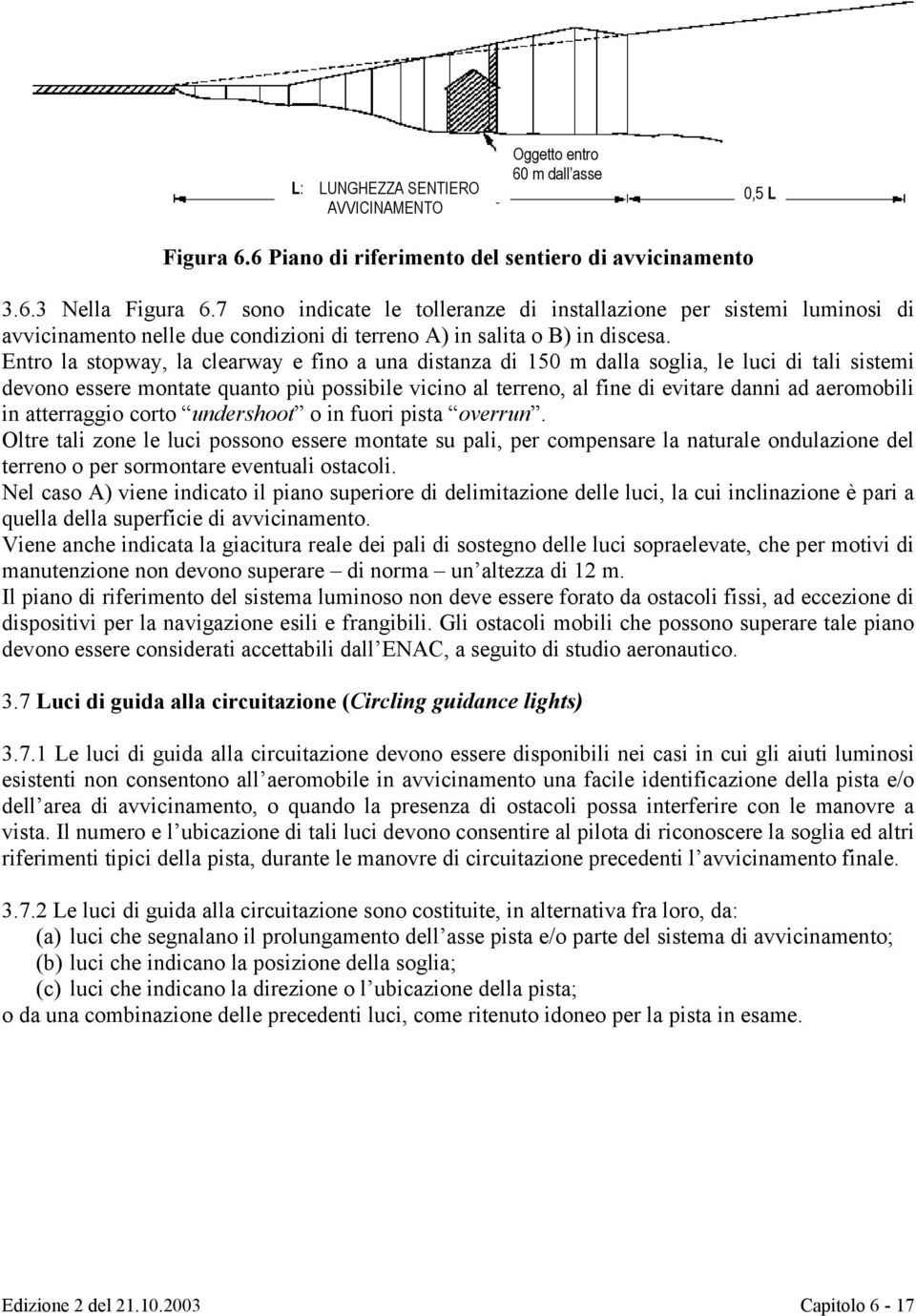 Entro la stopway, la clearway e fino a una distanza di 150 m dalla soglia, le luci di tali sistemi devono essere montate quanto più possibile vicino al terreno, al fine di evitare danni ad aeromobili