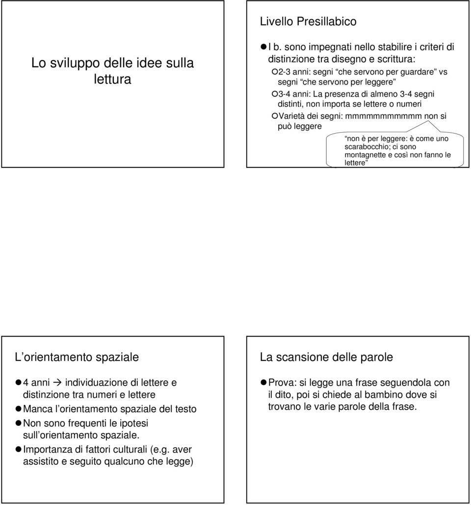 distinti, non importa se lettere o numeri Varietà dei segni: mmmmmmmmmmm non si può leggere non è per leggere: è come uno scarabocchio; ci sono montagnette e così non fanno le lettere L orientamento