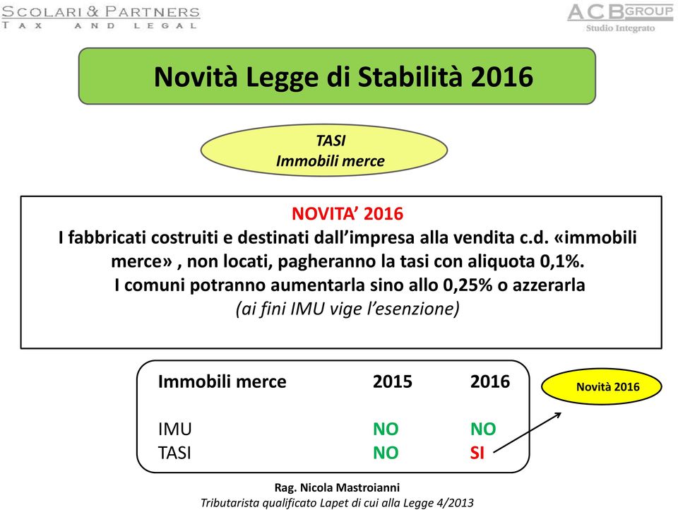 ta c.d. «immobili merce», non locati, pagheranno la tasi con aliquota 0,1%.