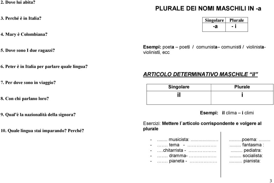 Peter è in Italia per parlare quale lingua? 7. Per dove sono in viaggio? 8. Con chi parlano loro? ARTICOLO DETERMINATIVO MASCHILE il Singolare Plurale il i 9.