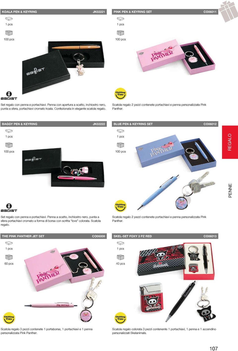 Scatola regalo 2 pezzi contenete portachiavi e penna personalizzata Pink Panther. BAGGY PEN & KEYRING JK02222 BLUE PEN & KEYRING SET CO06012 REGALO 2,75 8,00 1,94 7,30 479 479 1.057 1.