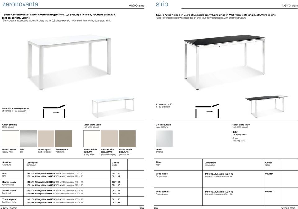 0,8 glass extension with aluminium,, dove grey, mink Tavolo Sirio piano in vetro allungabile sp. 0,8, prolunga in MDF verniciata grigia, struttura cromo Sirio extendable table with glass top th.