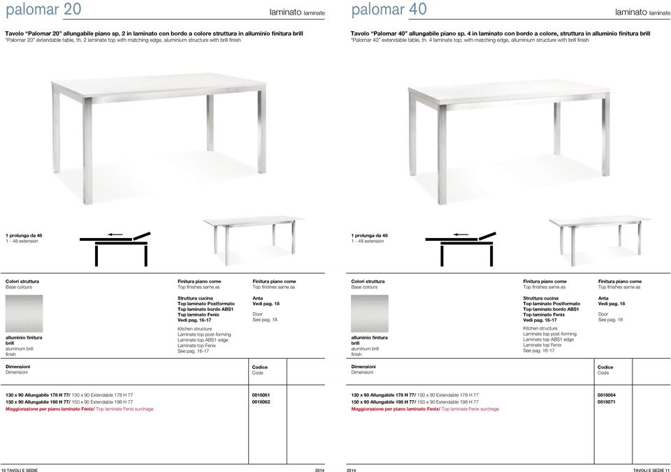 4 in laminato con bordo a colore, struttura in alluminio finitura brill Palomar 40 extendable table, th.