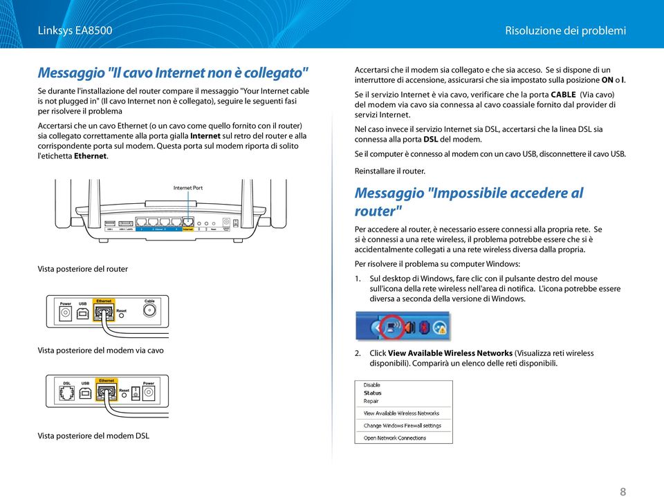 Ethernet (o un cavo come quello fornito con il router) sia collegato correttamente alla porta gialla Internet sul retro del router e alla corrispondente porta sul modem.