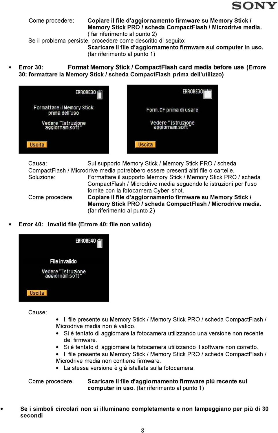 (far riferimento al punto 1) Error 30: Format Memory Stick / CompactFlash card media before use (Errore 30: formattare la Memory Stick / scheda CompactFlash prima dell'utilizzo) Causa: Sul supporto