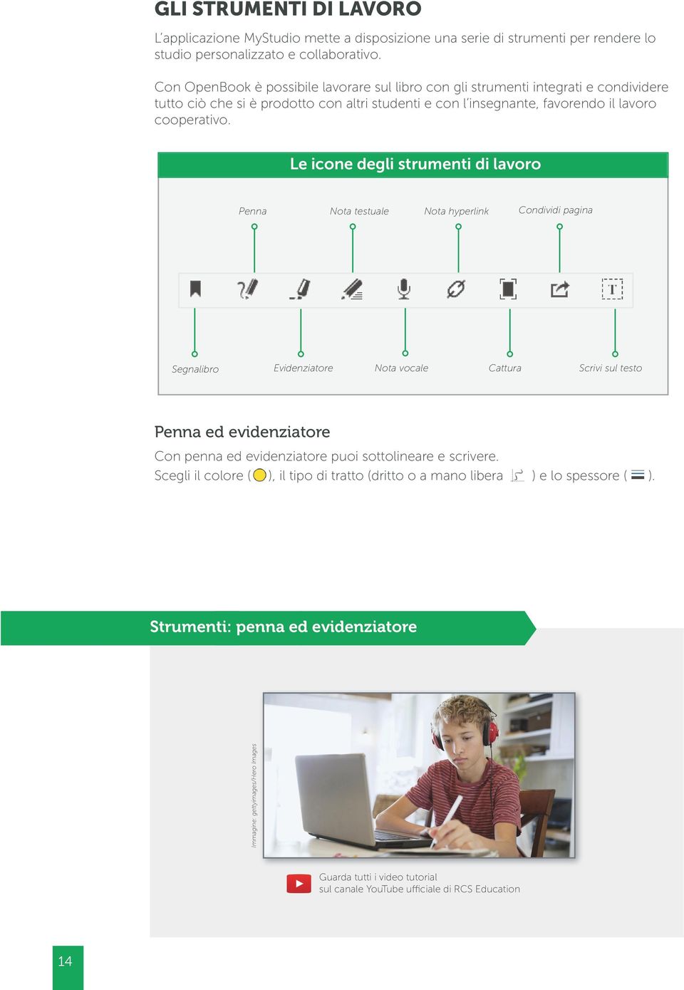 Le icone degli strumenti di lavoro Penna Nota testuale Nota hyperlink Condividi pagina Segnalibro Evidenziatore Nota vocale Cattura Scrivi sul testo Penna ed evidenziatore Con penna ed