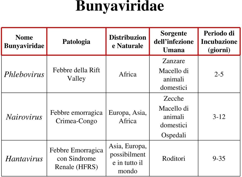 Zecche Nairovirus Febbre emorragica Crimea-Congo Europa, Asia, Africa Macello di animali domestici 3-12