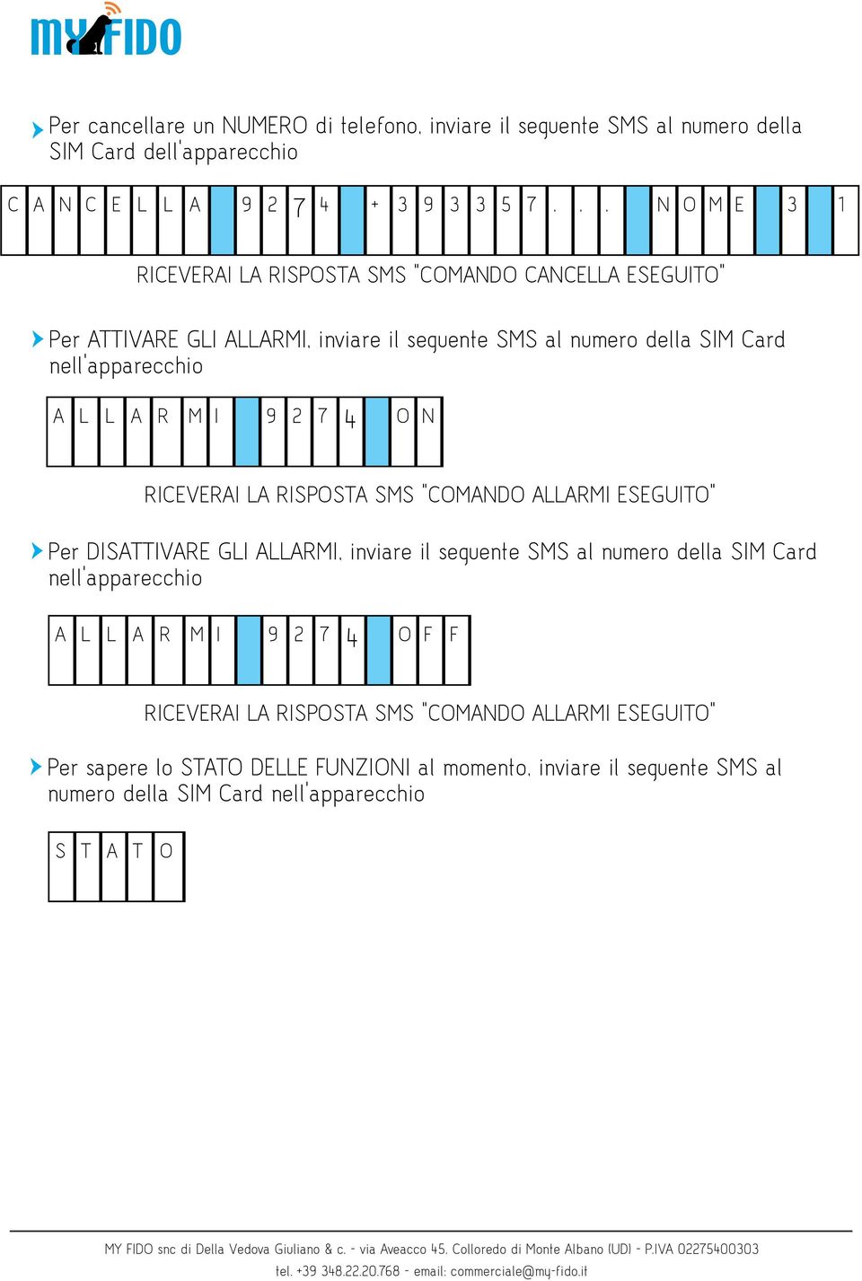 R M I 9 2 7 4 O N RICEVERAI LA RISPOSTA SMS "COMANDO ALLARMI ESEGUITO" Per DISATTIVARE GLI ALLARMI, inviare il seguente SMS al numero della SIM Card nell'apparecchio A L