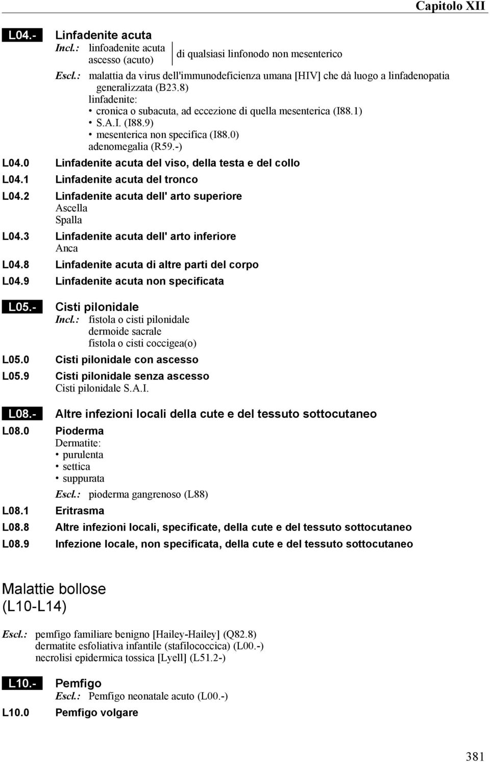 8) linfadenite: cronica o subacuta, ad eccezione di quella mesenterica (I88.1) S.A.I. (I88.9) mesenterica non specifica (I88.0) adenomegalia (R59.-) L04.