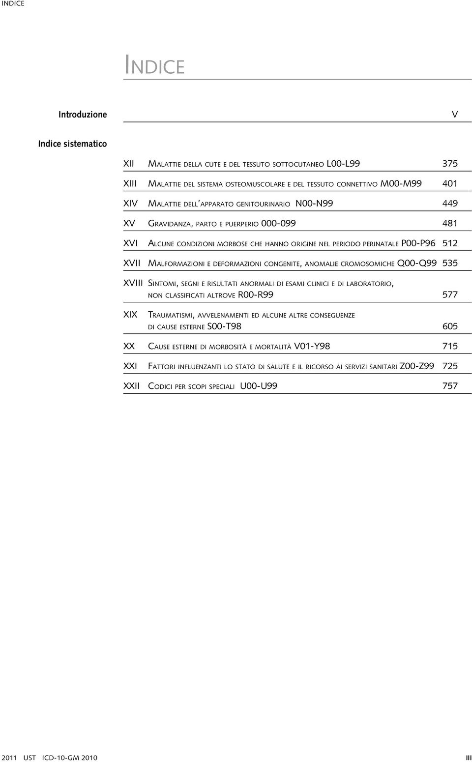 deformazioni congenite, anomalie cromosomiche Q00-Q99 535 XVIII Sintomi, segni e risultati anormali di esami clinici e di laboratorio, non classificati altrove R00-R99 577 XIX Traumatismi,