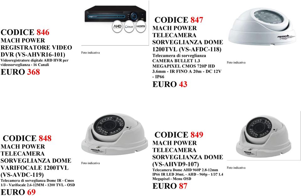 6mm - IR FINO A 20m - DC 12V - IP66 EURO 43 CODICE 848 DOME VARIFOCALE 1200TVL (VS-AVDC-119) Telecamera di sorveglianza Dome IR - Cmos 1/3