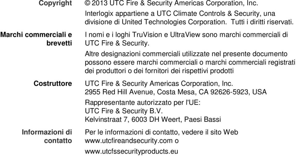 I nomi e i loghi TruVision e UltraView sono marchi commerciali di UTC Fire & Security.
