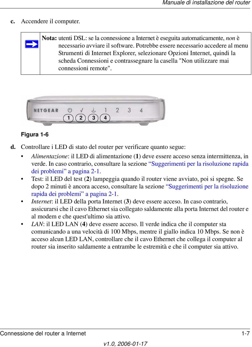 remote". 1 2 3 4 Figura 1-6 d. Controllare i LED di stato del router per verificare quanto segue: Alimentazione: il LED di alimentazione (1) deve essere acceso senza intermittenza, in verde.