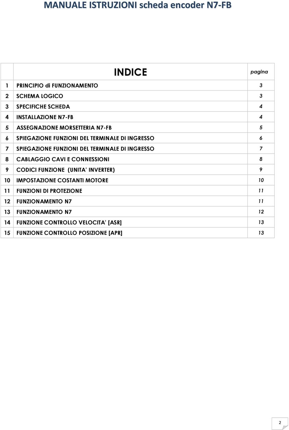 CABLAGGIO CAVI E CONNESSIONI 8 9 CODICI FUNZIONE (UNITA INVERTER) 9 10 IMPOSTAZIONE COSTANTI MOTORE 10 11 FUNZIONI DI