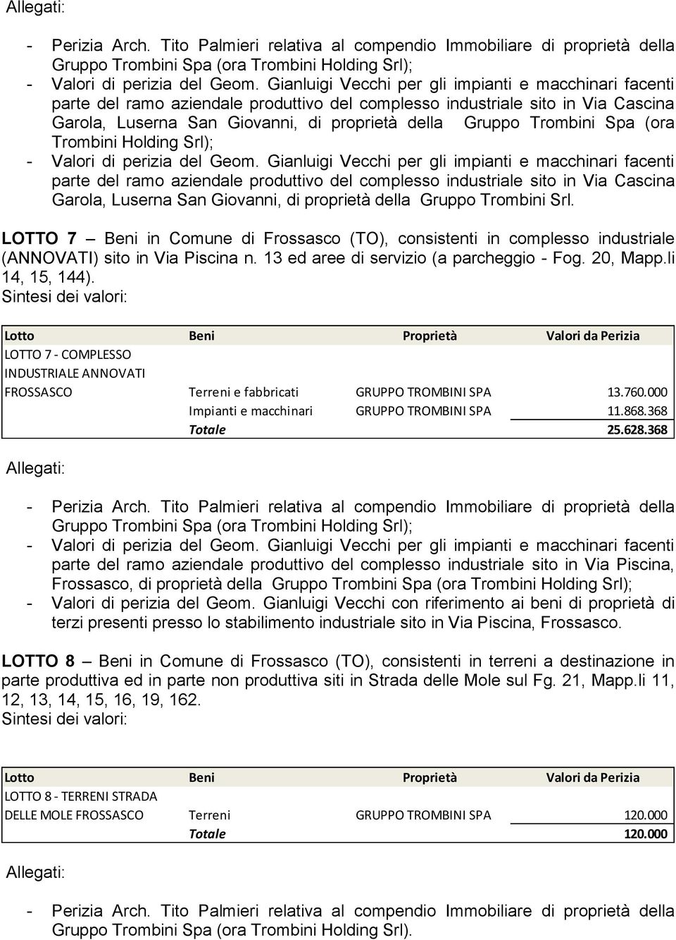 LOTTO 7 Beni in Comune di Frossasco (TO), consistenti in complesso industriale (ANNOVATI) sito in Via Piscina n. 13 ed aree di servizio (a parcheggio - Fog. 20, Mapp.li 14, 15, 144).