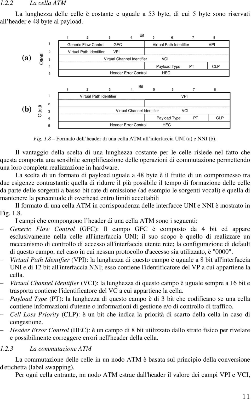 Bit 1 2 3 4 5 6 7 8 1 Virtual Path Identifier VPI (b) Ottetti 2 3 4 5 Virtual Channel Identifier VCI Payload Type PT CLP Header Error Control HEC Fig. 1.8 Formato dell header di una cella ATM all interfaccia UNI (a) e NNI (b).