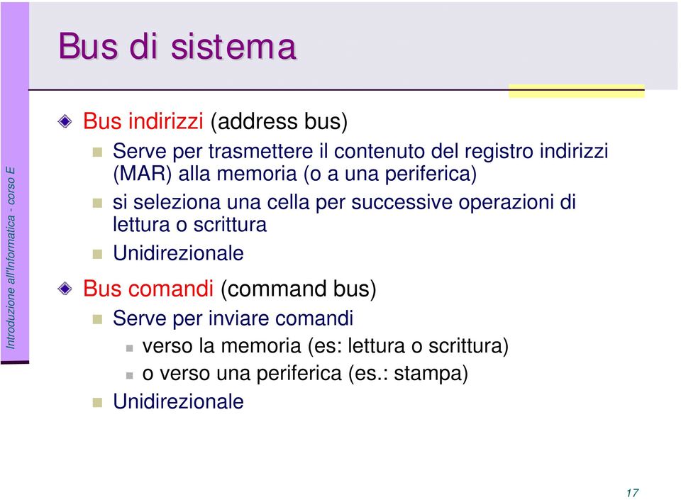 operazioni di lettura o scrittura Unidirezionale Bus comandi (command bus) Serve per inviare