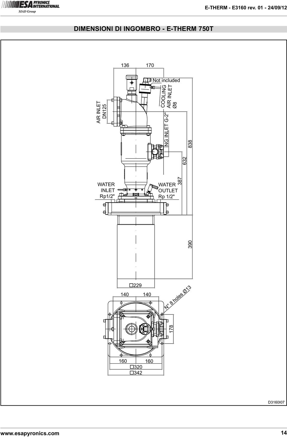 AIR INLET DN125 NG INLET G-2" 838 WATER INLET Rp1/2" 387