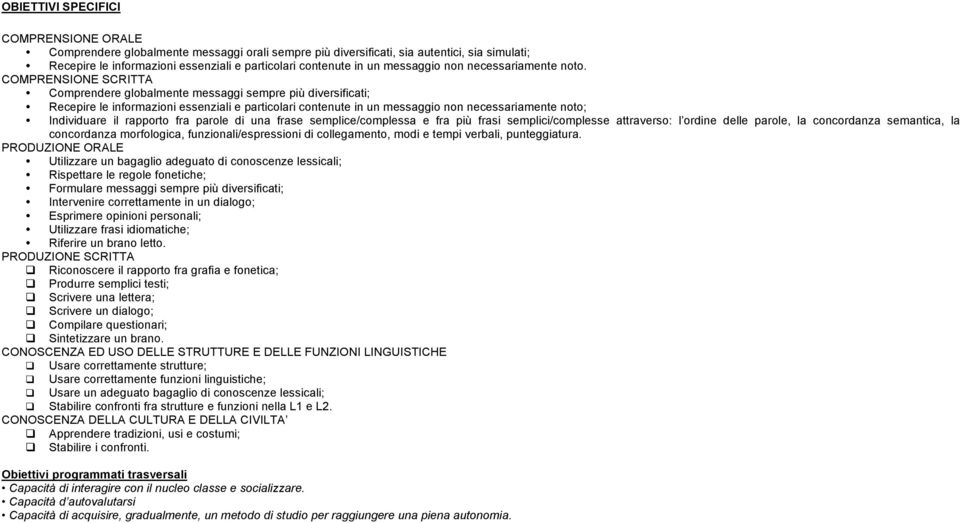 COMPRENSIONE SCRITTA Comprendere globalmente messaggi sempre più diversificati; Recepire le informazioni essenziali e particolari contenute in un messaggio non necessariamente noto; Individuare il
