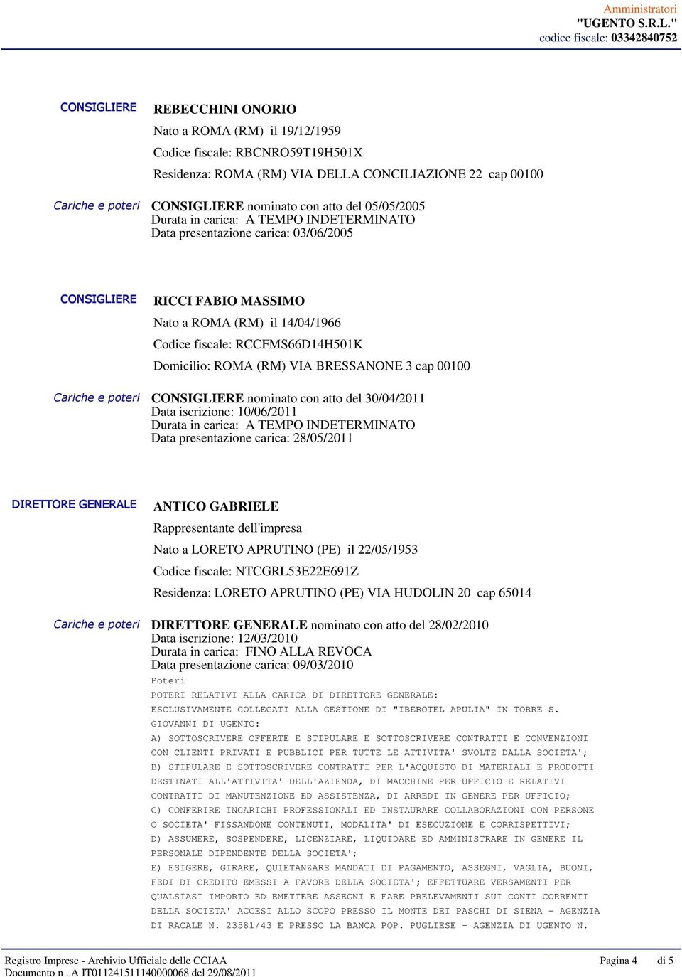 Cariche e poteri CONSIGLIERE nominato con atto del 30/04/2011 Data iscrizione: 10/06/2011 Data presentazione carica: 28/05/2011 DIRETTORE GENERALE ANTICO GABRIELE Rappresentante dell'impresa Nato a