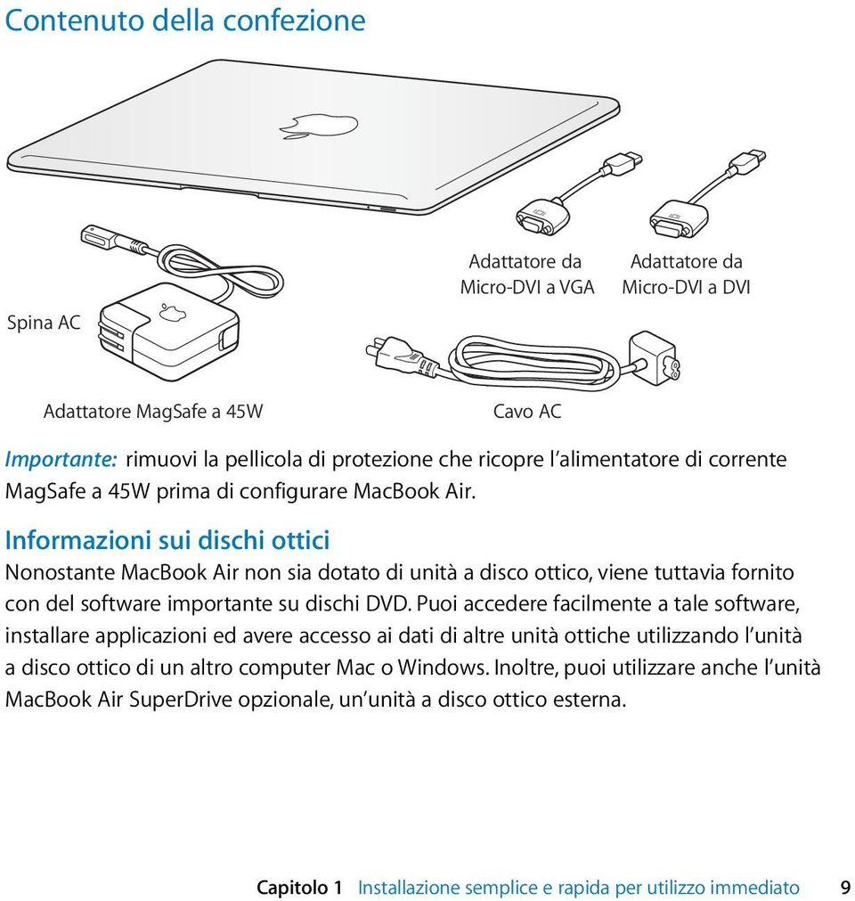 Informazioni sui dischi ottici Nonostante MacBook Air non sia dotato di unità a disco ottico, viene tuttavia fornito con del software importante su dischi DVD.