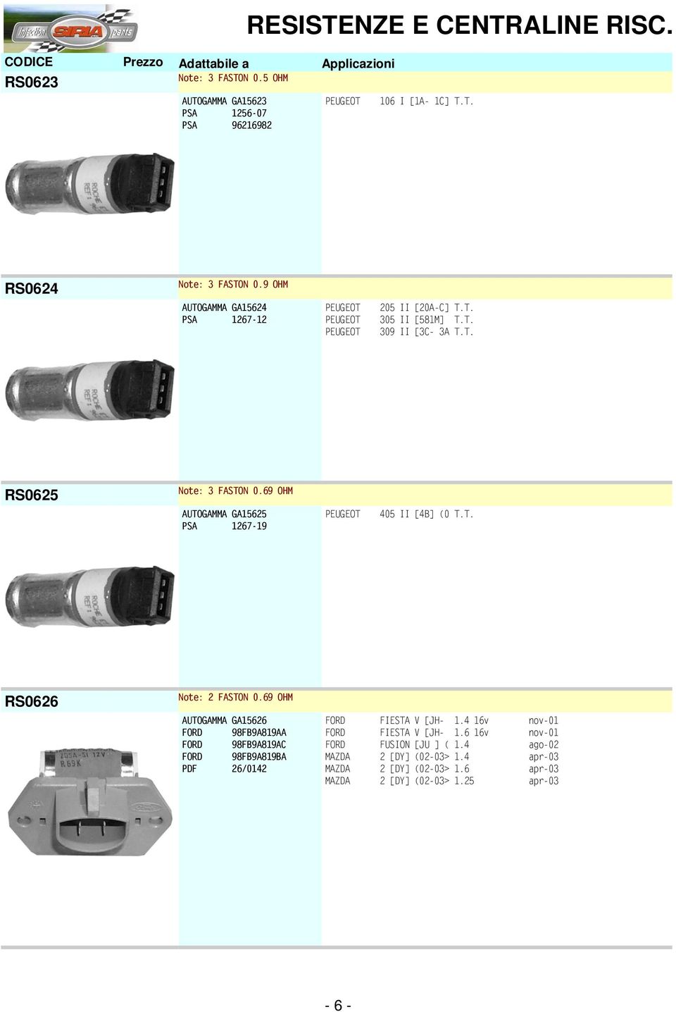 69 OHM AUTOGAMMA GA15625 PSA 1267-19 PEUGEOT 405 II [4B] (0 T.T. RS0626 Note: 2 FASTON 0.