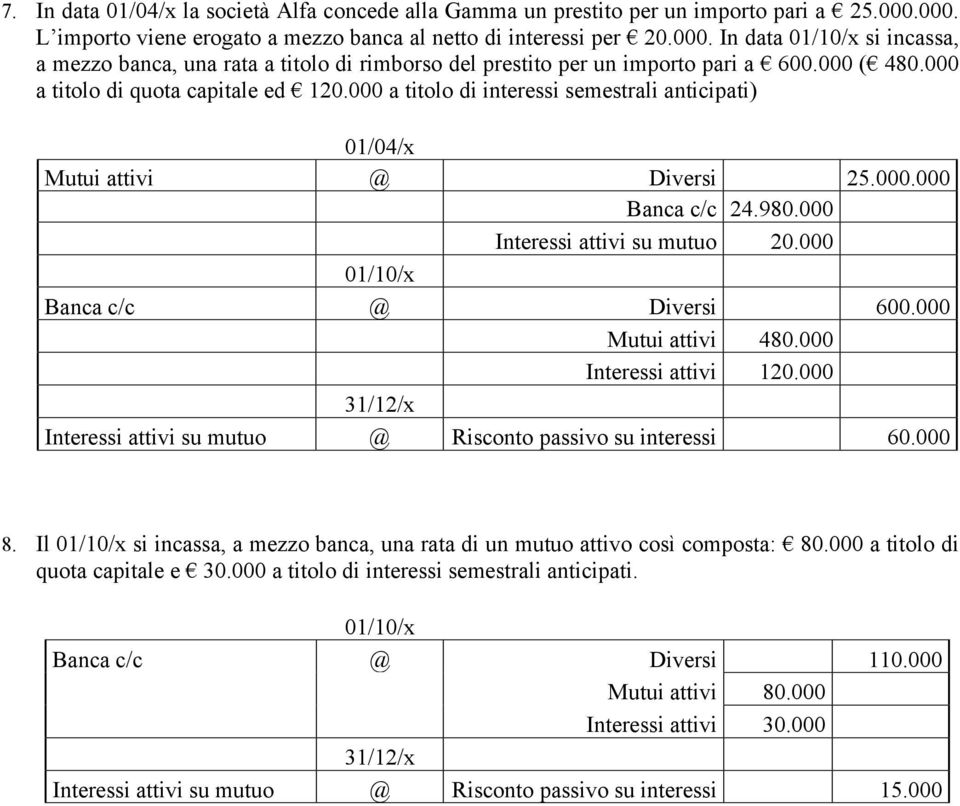 000 Banca c/c @ Diversi 600.000 Mutui attivi 480.000 Interessi attivi 120.000 Interessi attivi su mutuo @ Risconto passivo su interessi 60.000 8.