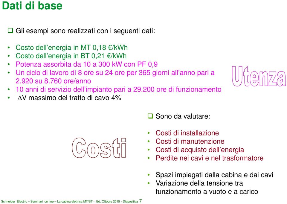 200 ore di funzionamento V massimo del tratto di cavo 4% Sono da valutare: Costi di installazione Costi di manutenzione Costi di acquisto dell energia Perdite nei cavi e nel