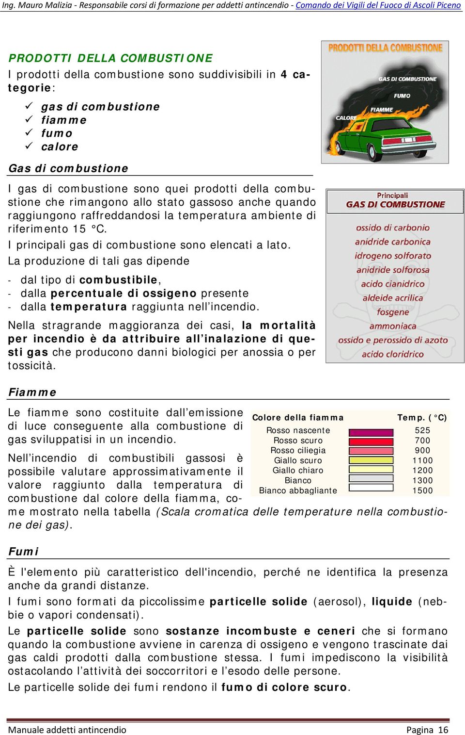 La produzione di tali gas dipende - dal tipo di combustibile, - dalla percentuale di ossigeno presente - dalla temperatura raggiunta nell incendio.