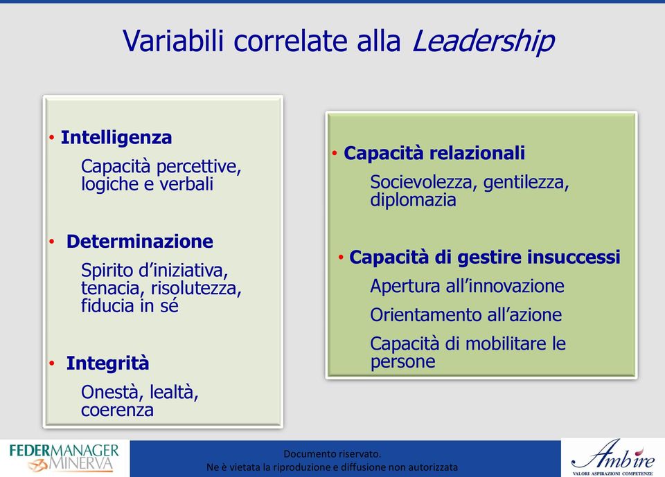 lealtà, coerenza Capacità relazionali Socievolezza, gentilezza, diplomazia Capacità di