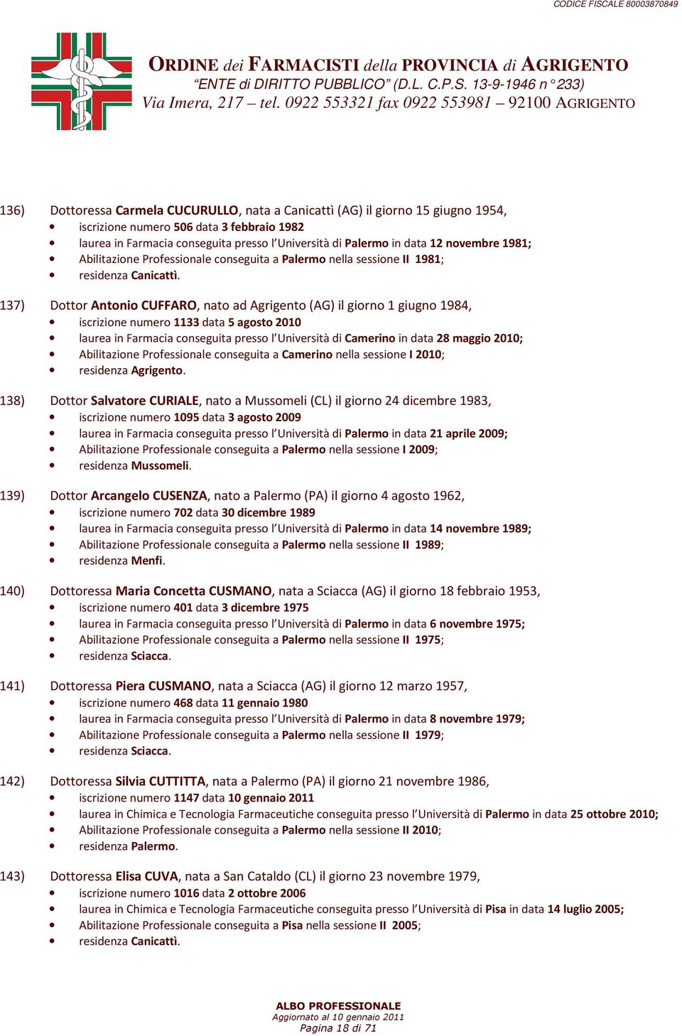 137) Dottor Antonio CUFFARO, nato ad Agrigento (AG) il giorno 1 giugno 1984, iscrizione numero 1133 data 5 agosto 2010 laurea in Farmacia conseguita presso l Università di Camerino in data 28 maggio